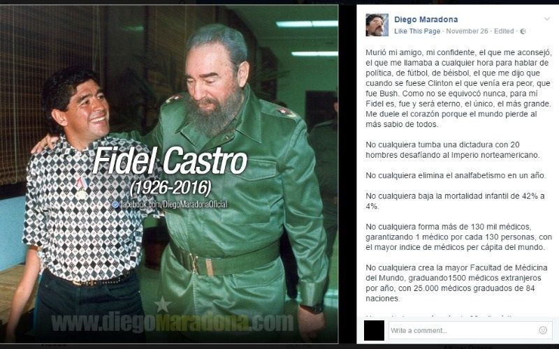 diego maradona facebook post on castro death